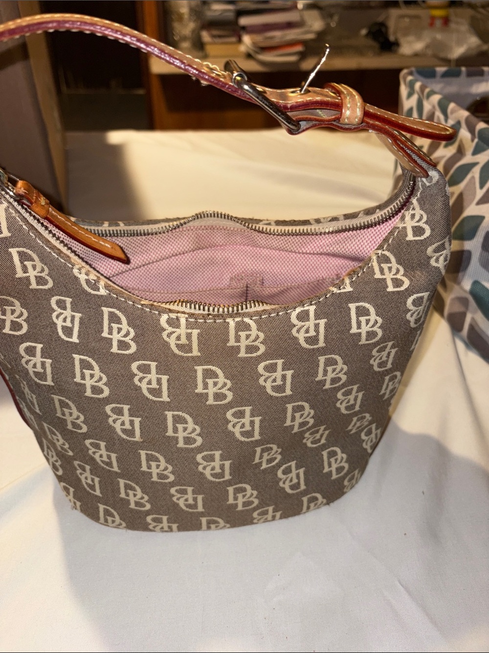 Dooney & Bourke Brown Monogram Shoulder Bag with Pink Interior
